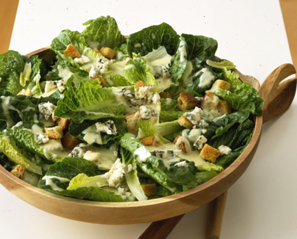 Crisp green salad with blue cheese dressing